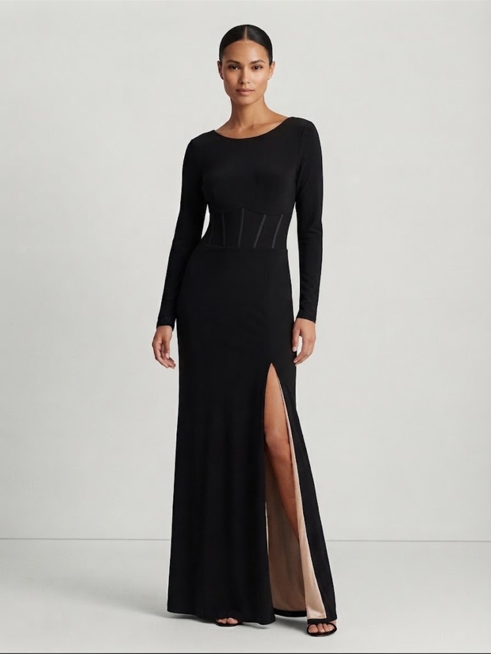 Xscape Black Long Sleeve Corset Detail Maxi Dress Size 14 Formal Gown Split